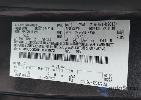 2017 Ford Escape Se from USA, damaged, VIN 1FMCU0GD9HUC01972